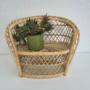 Vintage Wicker Woven Rattan Miniature Loveseat Chair Plant Stand Boho Home Decor